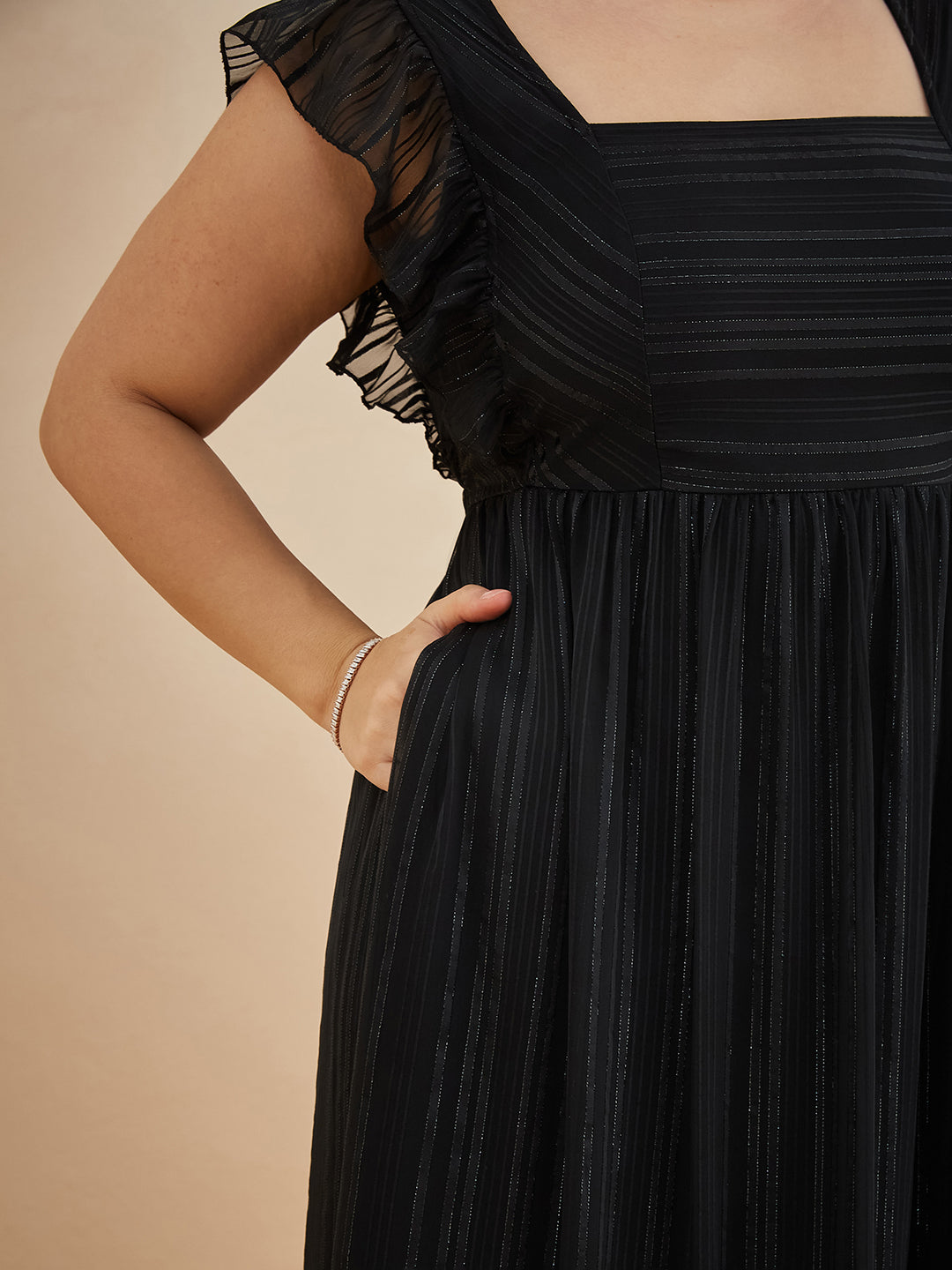 Black Square Neck Layered Ruffles Sleeve Striped Tiered Maxi Georgette Dress for Women