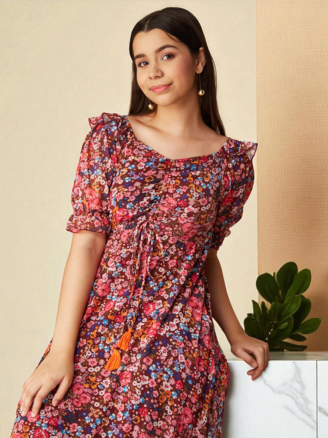 Multicolored-Base-Wine V-Neck Puff Sleeve Floral Ruching Ankle-Length Dress for Girls/Teenagers for Women — Mizuki
