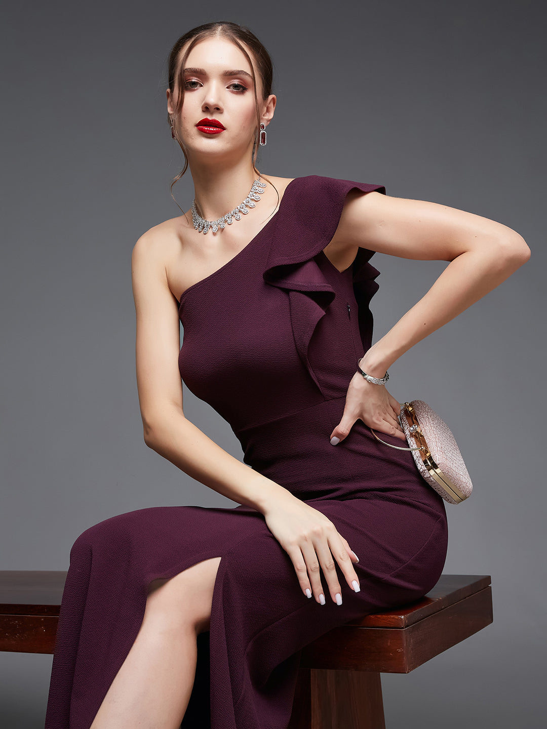 Dark Purple Solid One Shoulder Bodycon Maxi Dress Long Dress Frock