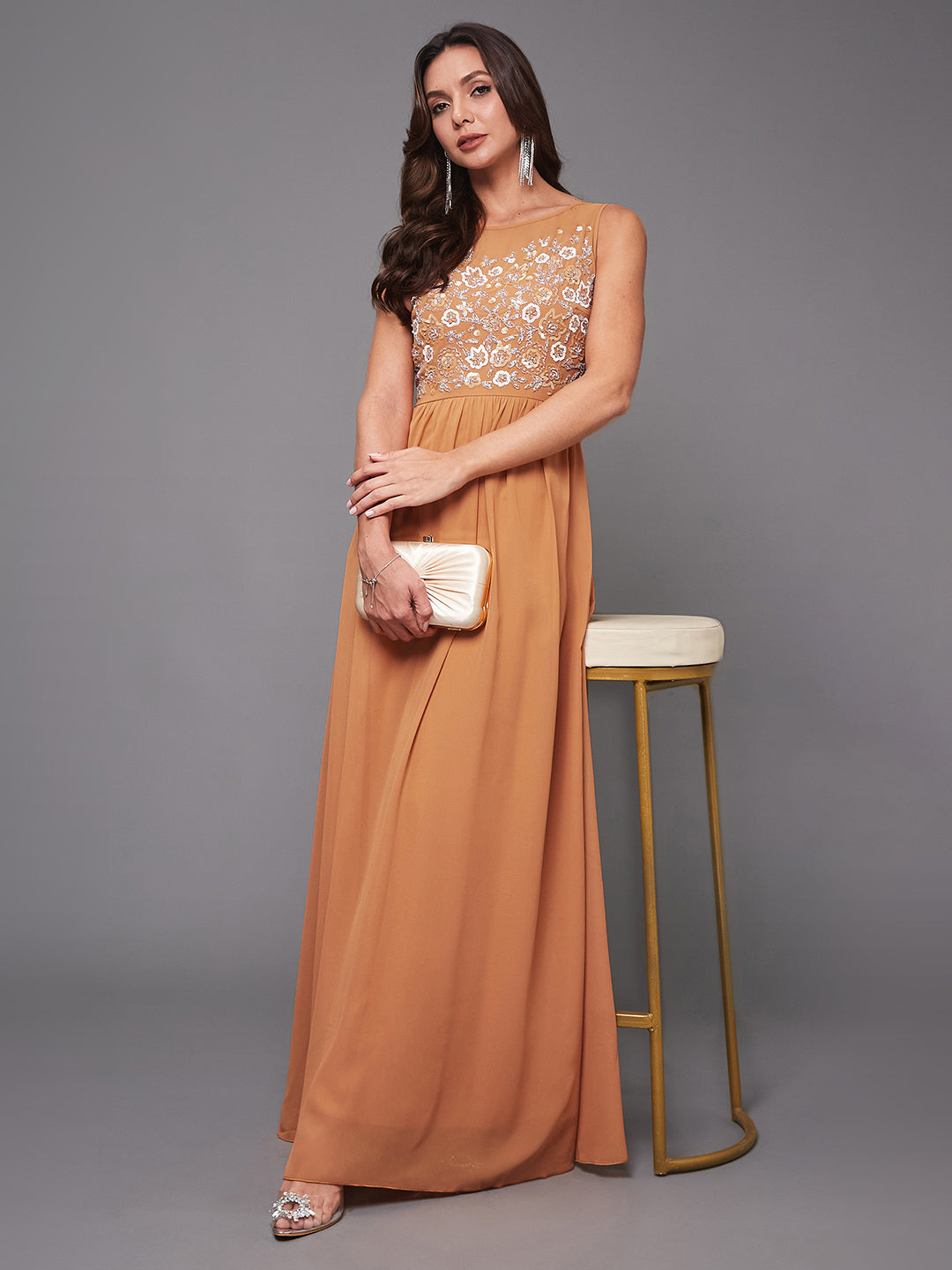 Dusty Orange Sleeveless Fit and Flare Sequinned Maxi Dress Long Dress Frock for Women