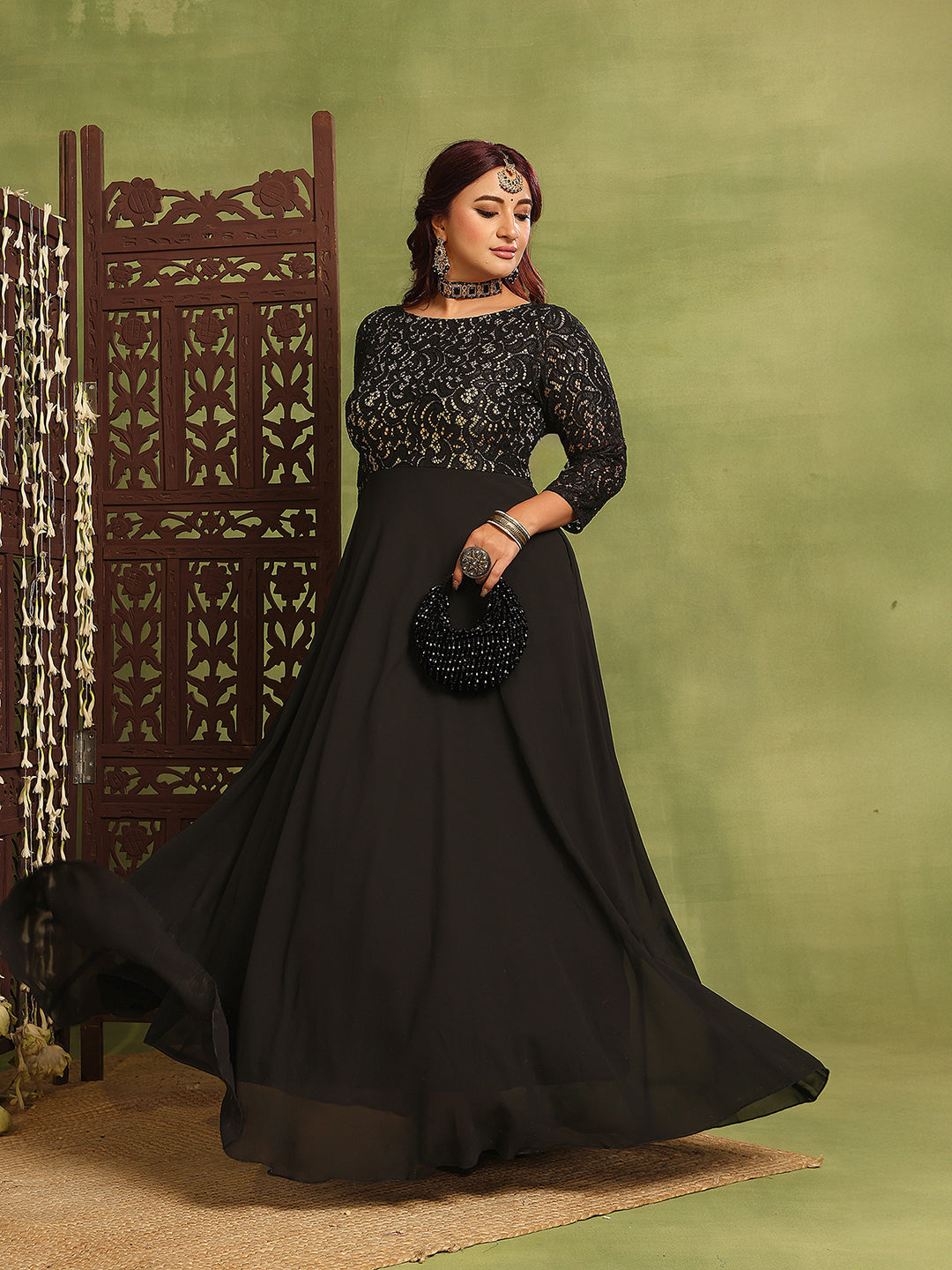 Women's Black Self-Design Boat Neck Three-Quarters Sleeves Side-Pocketed Georgette Fit and Flare Maxi Length Dress