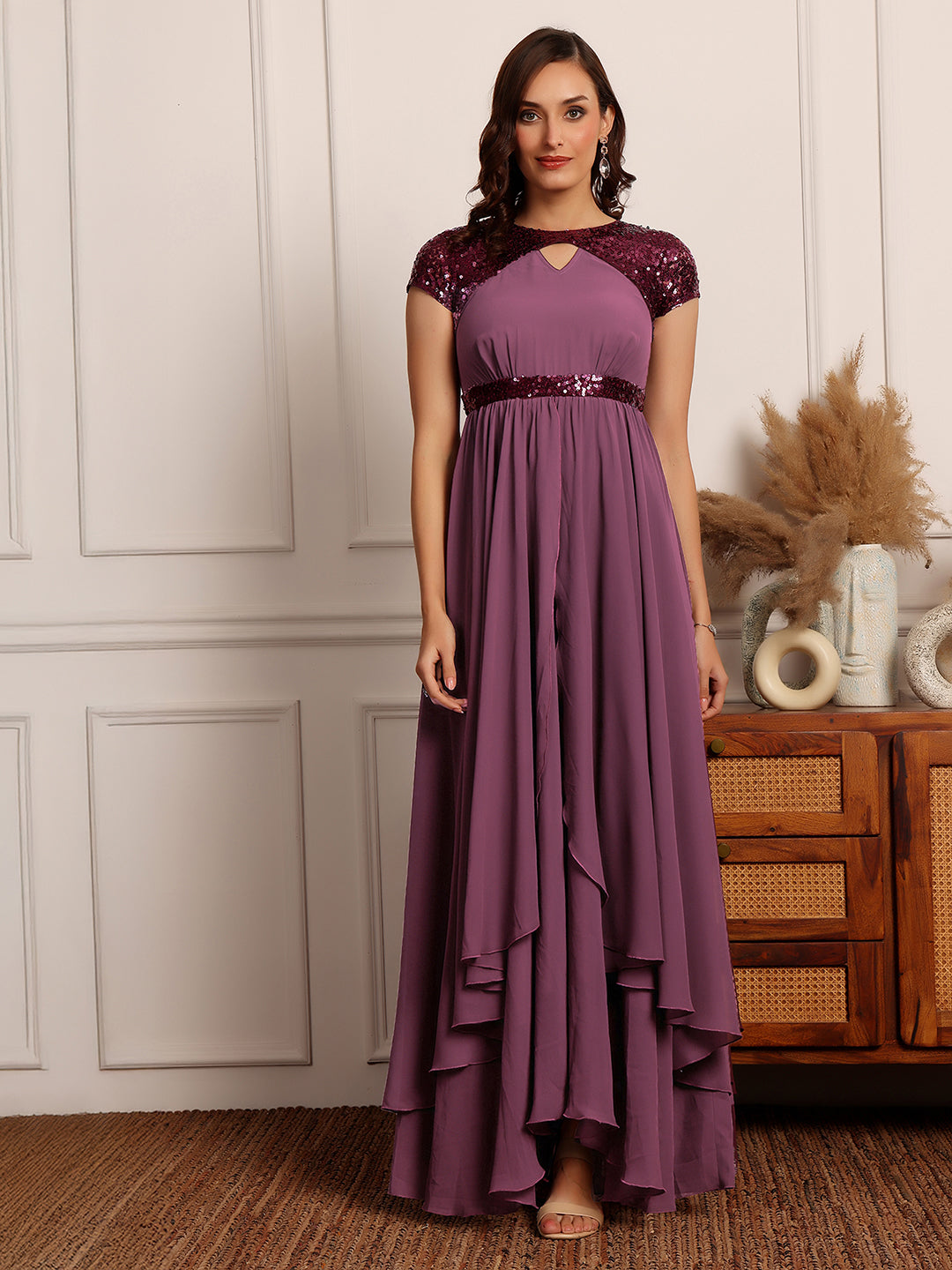 Women's Mauve Keyhole Short Sleeve Embellished Layered Georgette Maxi Dress