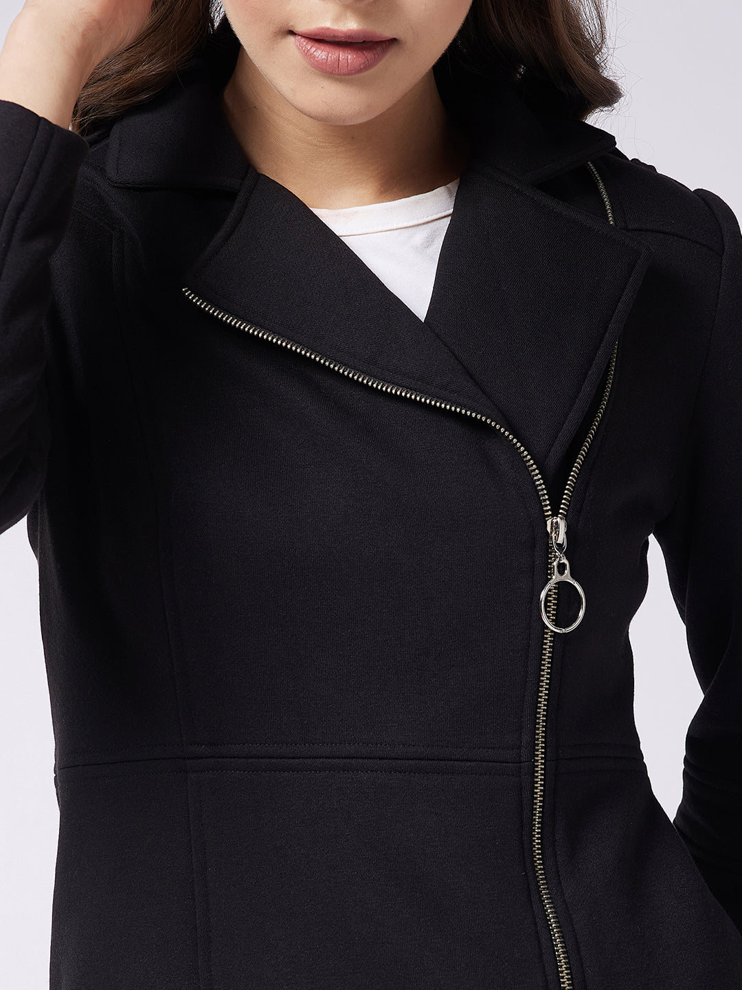 Women's Black Notch Collar Multi Panelled Full Sleeve Solid Double Breasted Knee Length Jacket