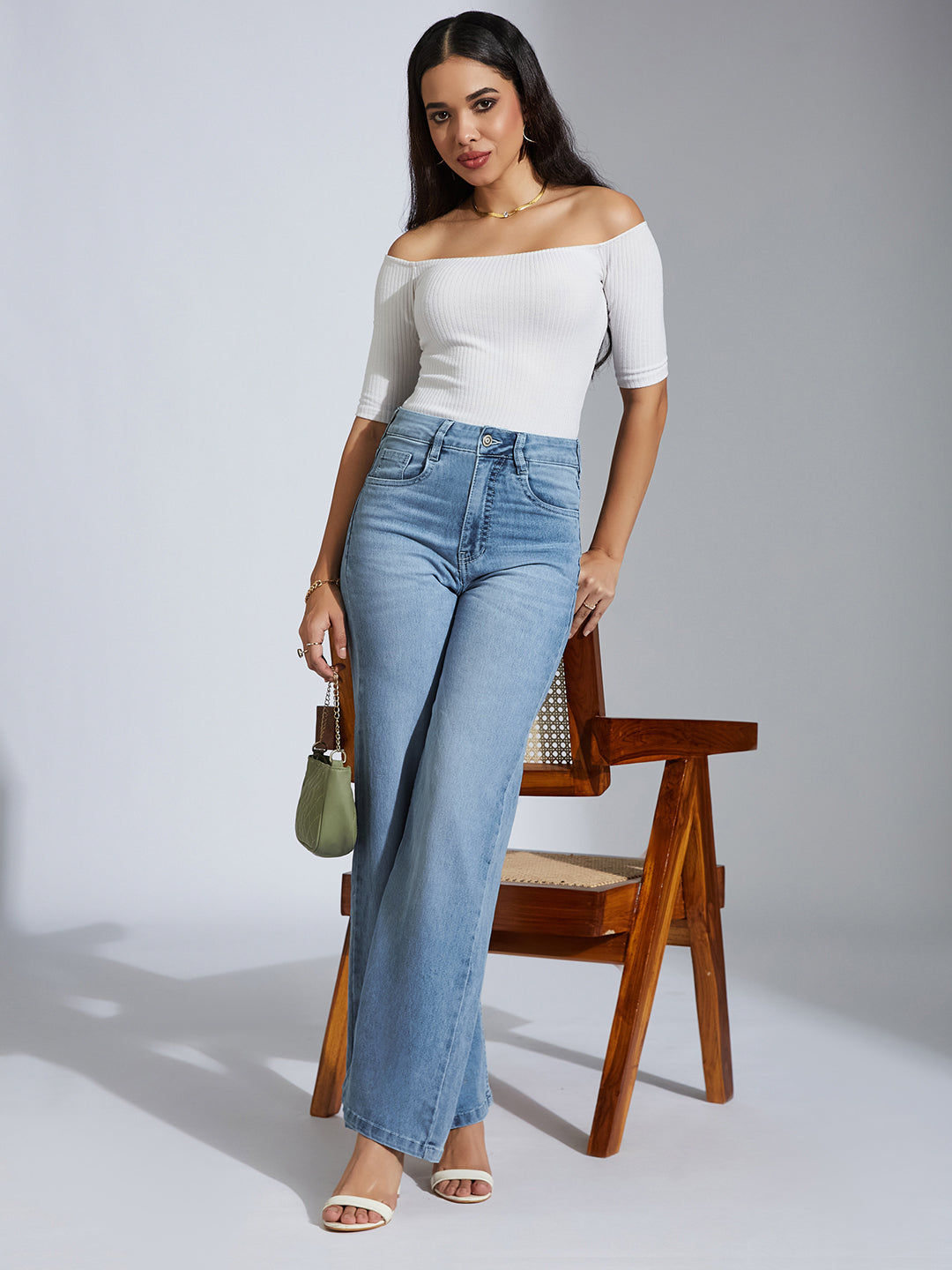 CHASEshape™ Light-Blue Wide-Leg High-Rise Clean-Look Stretchable Denim Jeans