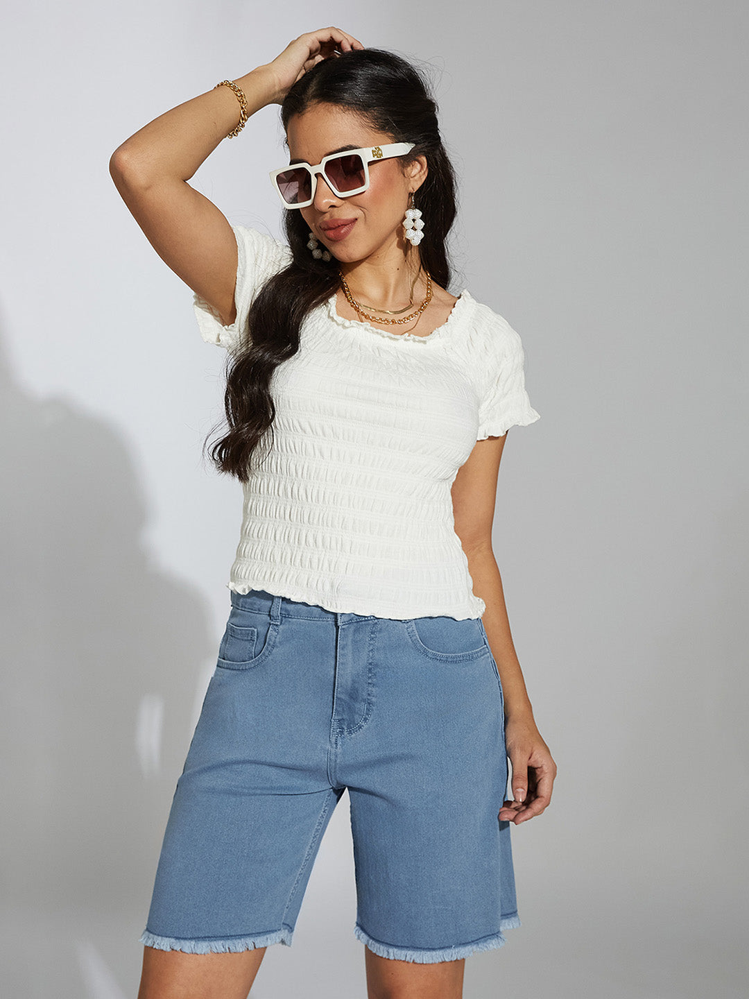 Light-Blue High-Rise Above Knee Stretchable Denim Shorts for Women