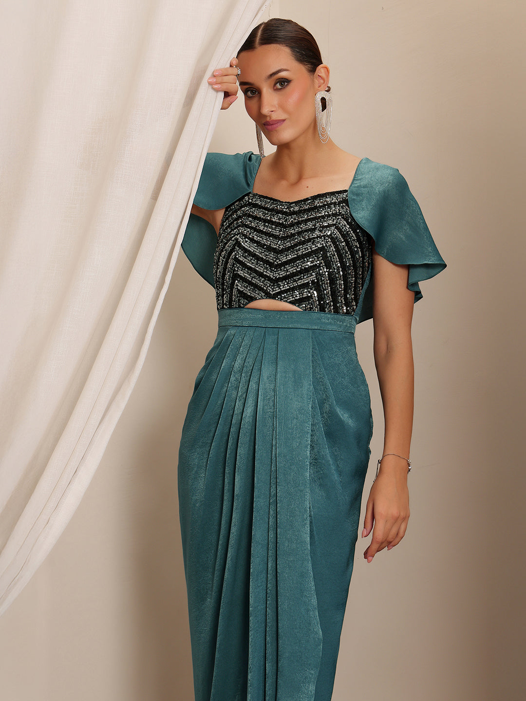 Shergil Warrior Teal Embellished Satin Maxi Dress