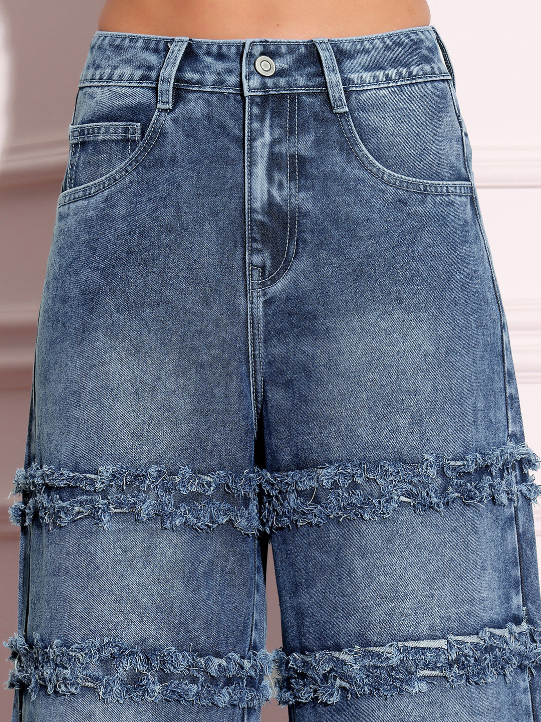 Women's Navy-Blue Wide-Leg High-Rise Highly-Distressed Regular-Length Denim Jeans