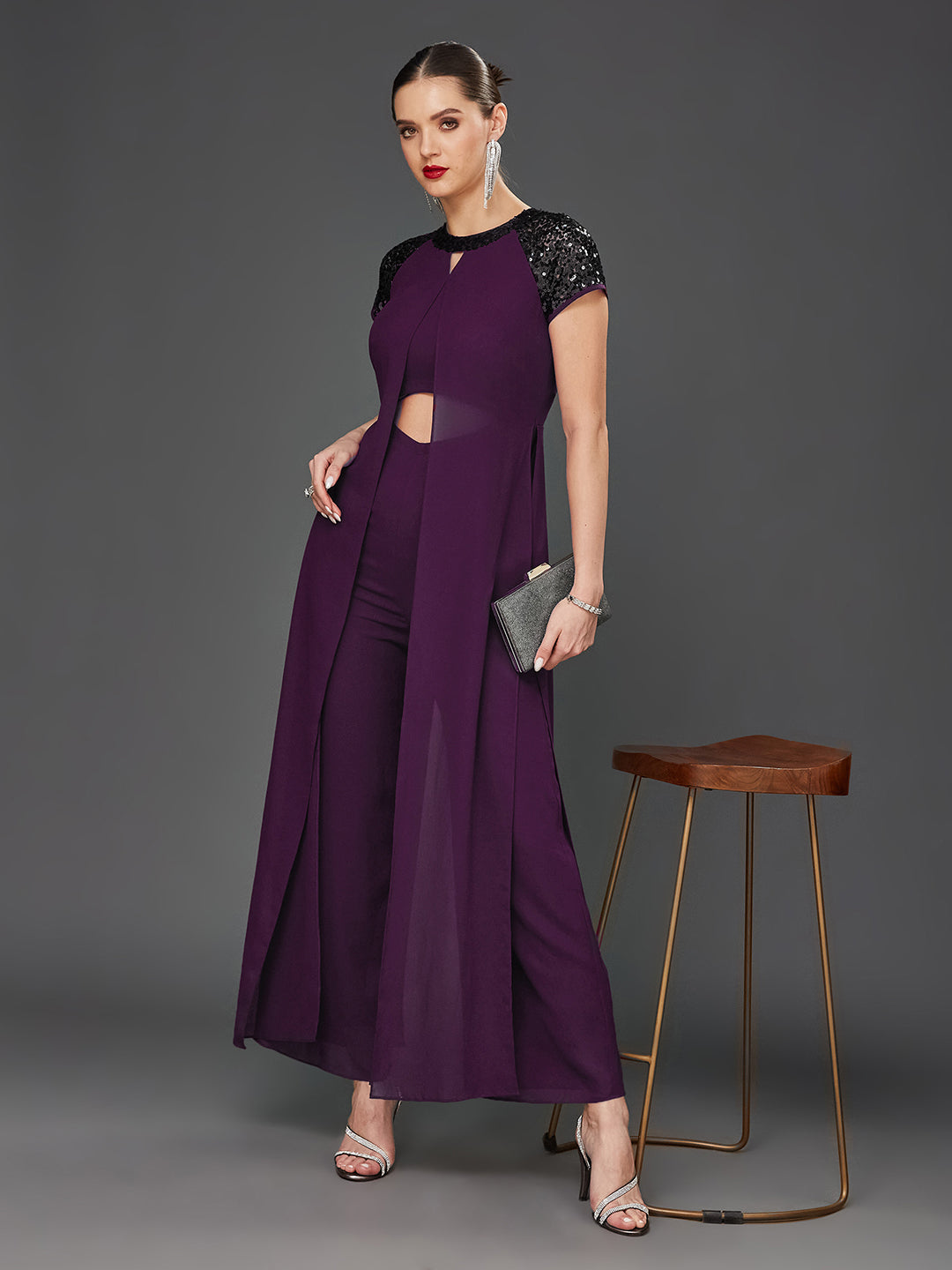 Women's Purple Solid Round-Neck Raglan-Short Sleeves Sequin Panel Layered Embellished Polyester Jumpsuit