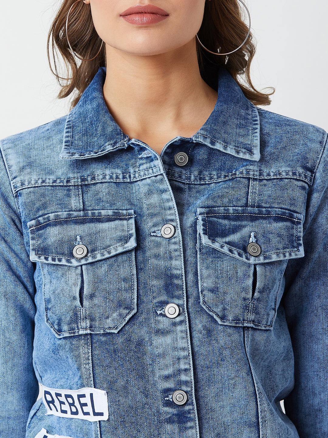 Women's Light Blue Collared Solid Full Sleeve Regular Length Denim Jacket