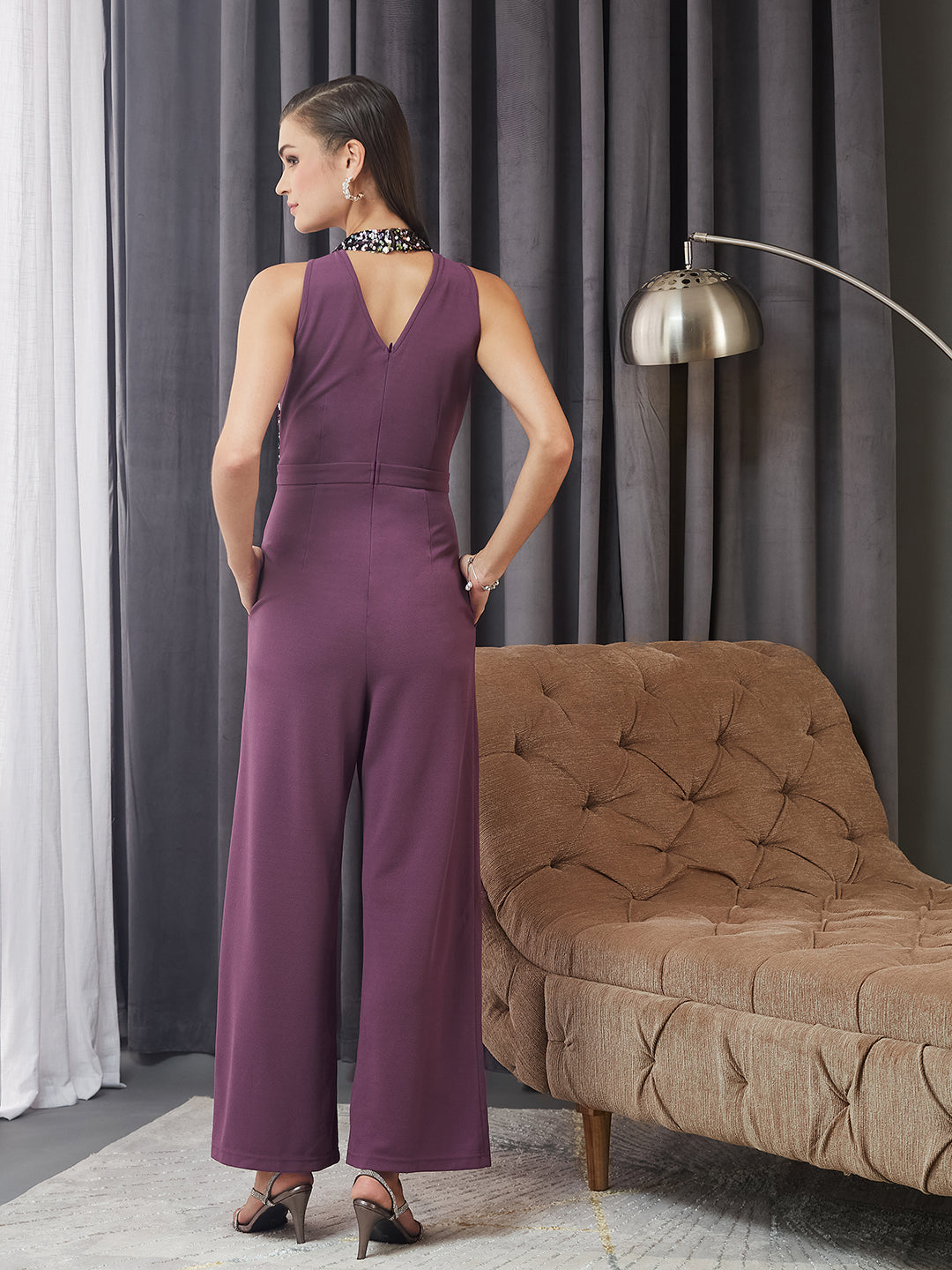 Women's Mauve Sleeveless Embellished Halter Neck Regular Jumpsuit