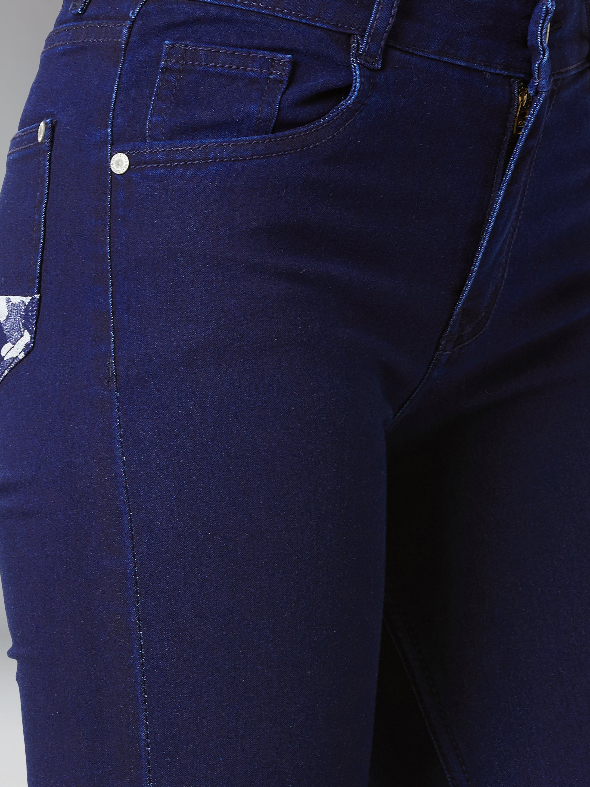 24/7 Comfort Navy-Blue Printed Fabric Detailing Skinny-Fit Mid-Rise Stretchable Denim Jeans