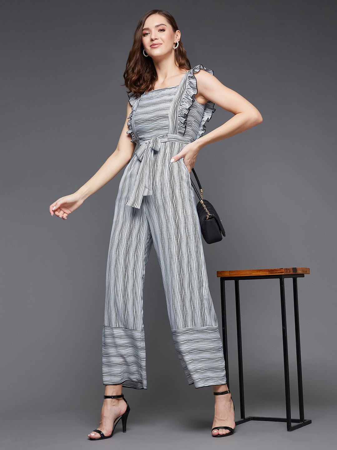 Women's Black and White Striped Square Neck Frilled Crepe Relaxed Fit Tie-Up Regular Jumpsuit