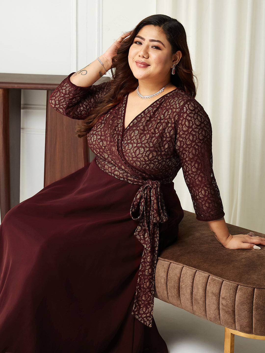 Wine Long Sleeves Fit and Flare Wrap Maxi Dress Gown with Lace Belt for Women | Bridesmaids' Favourites