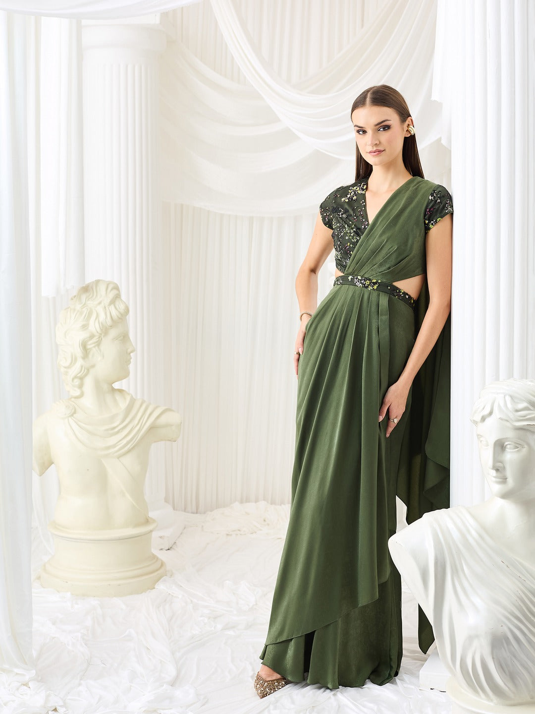 Olive V-Neck Short-Sleeve Embellished Draped Maxi Velvet Dress for Women