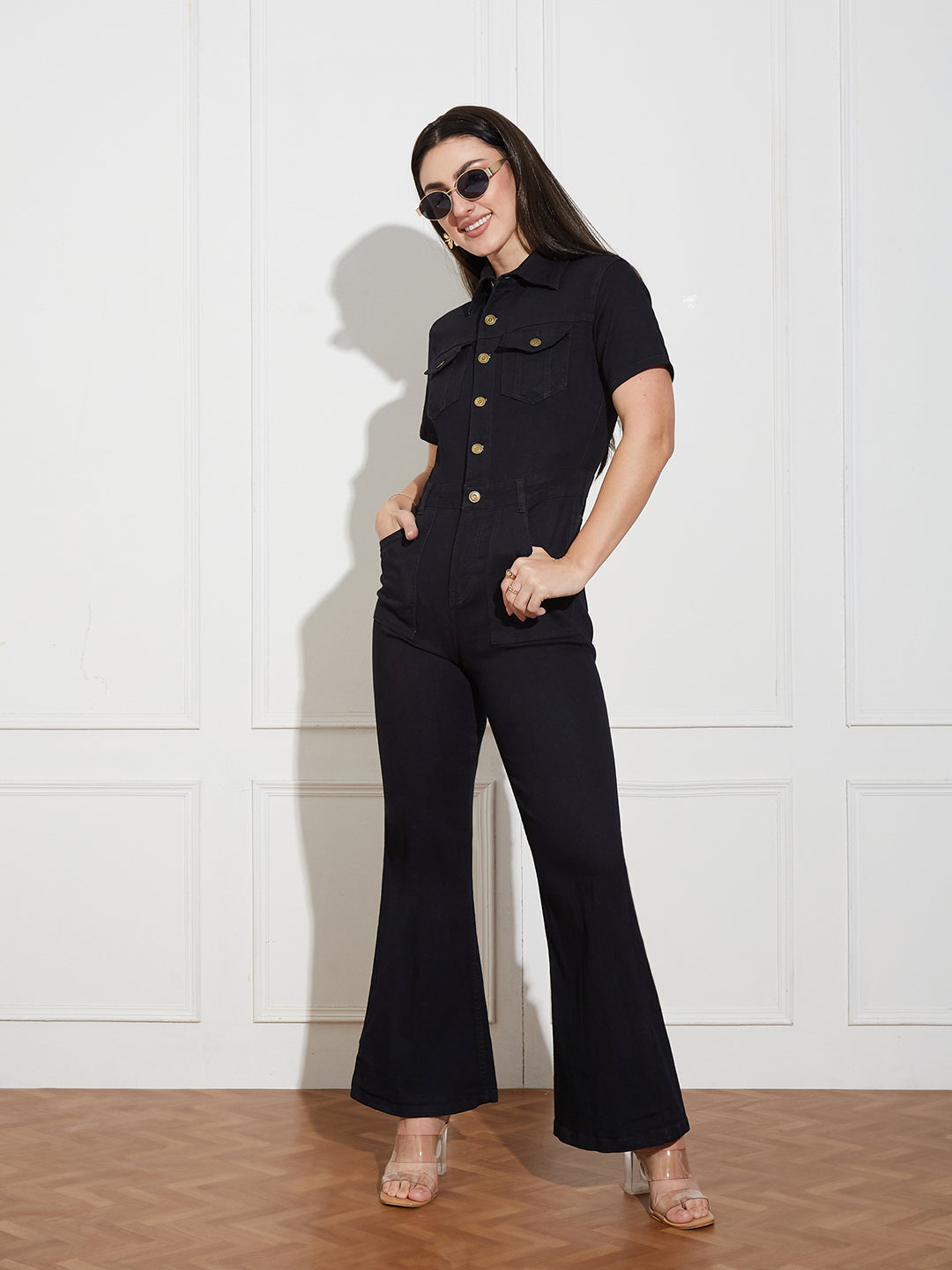Women's Black Flared High Rise Regular Stretchable Denim Jumpsuit