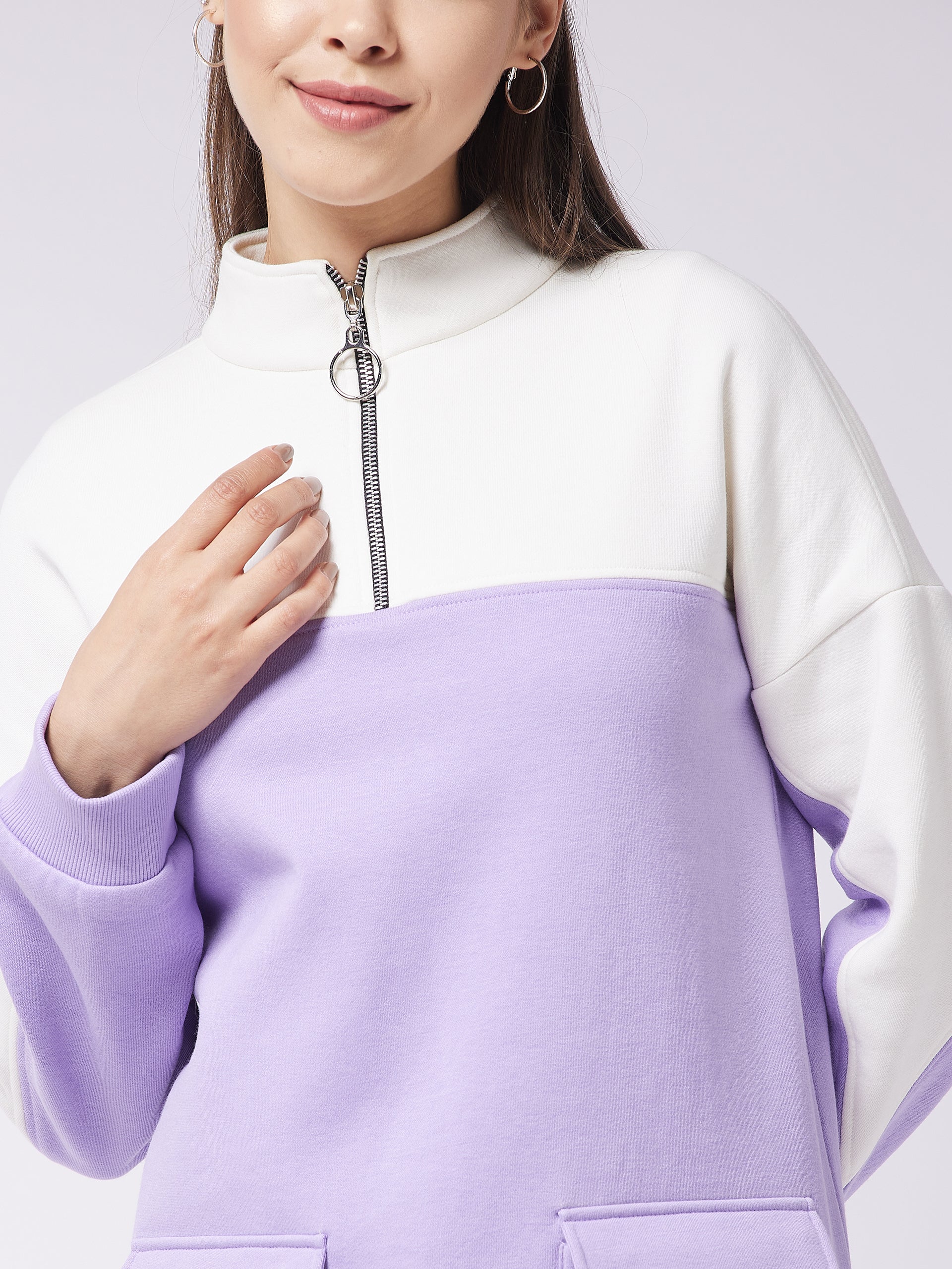 Women's Lavender & Off-White Mock Neck Full Sleeve Solid Color Blocked Knee Length Dress