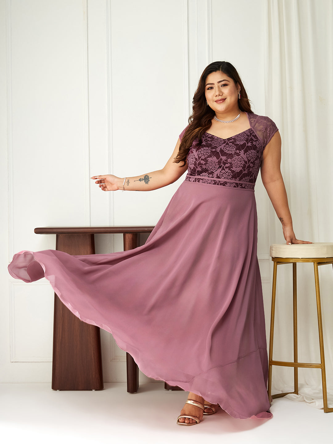 Body Bliss Lavender & Wine Floral Lace Fit & Flare Maxi Dress