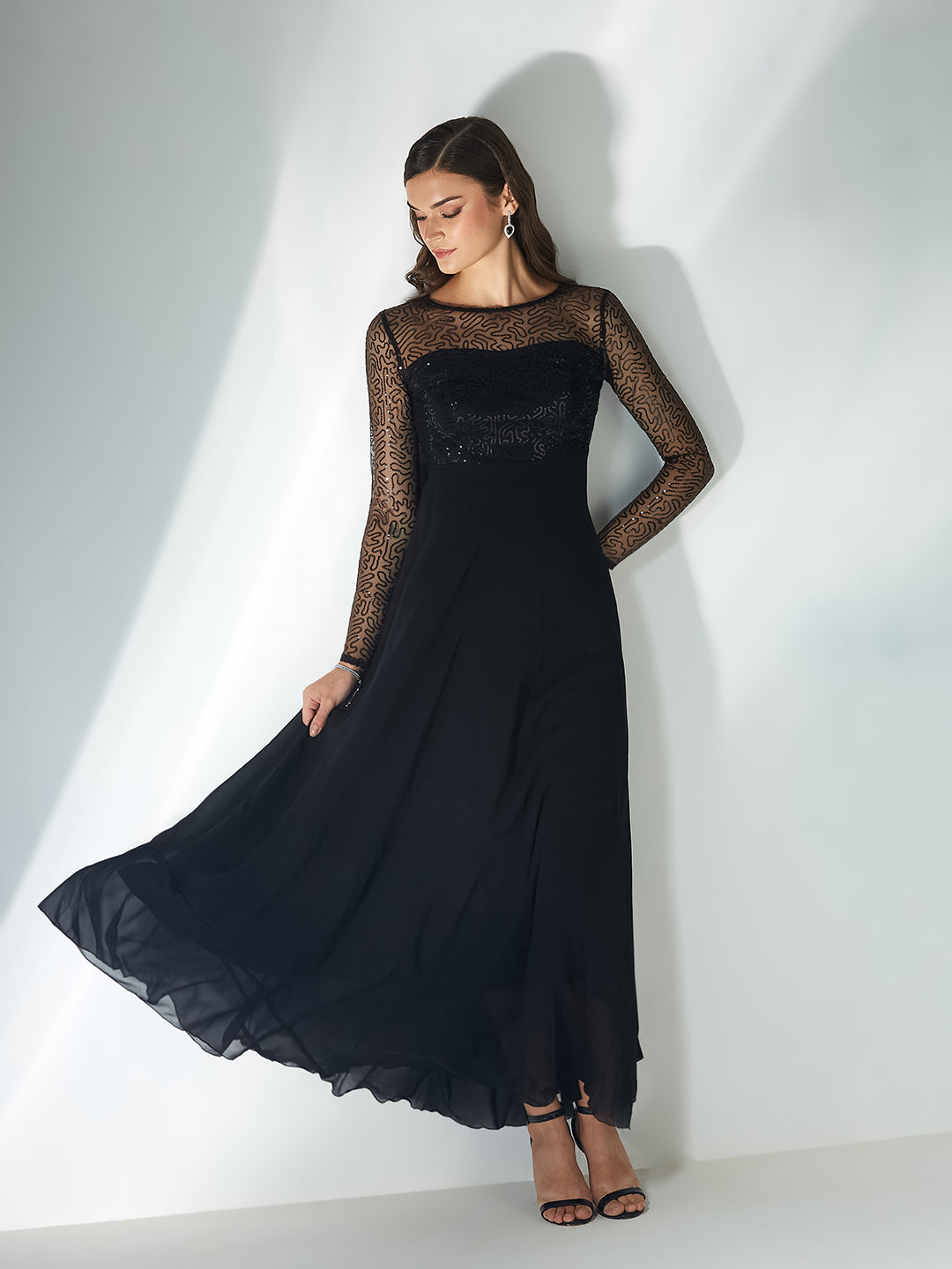Women's Black Solid Embellished Maxi Dress