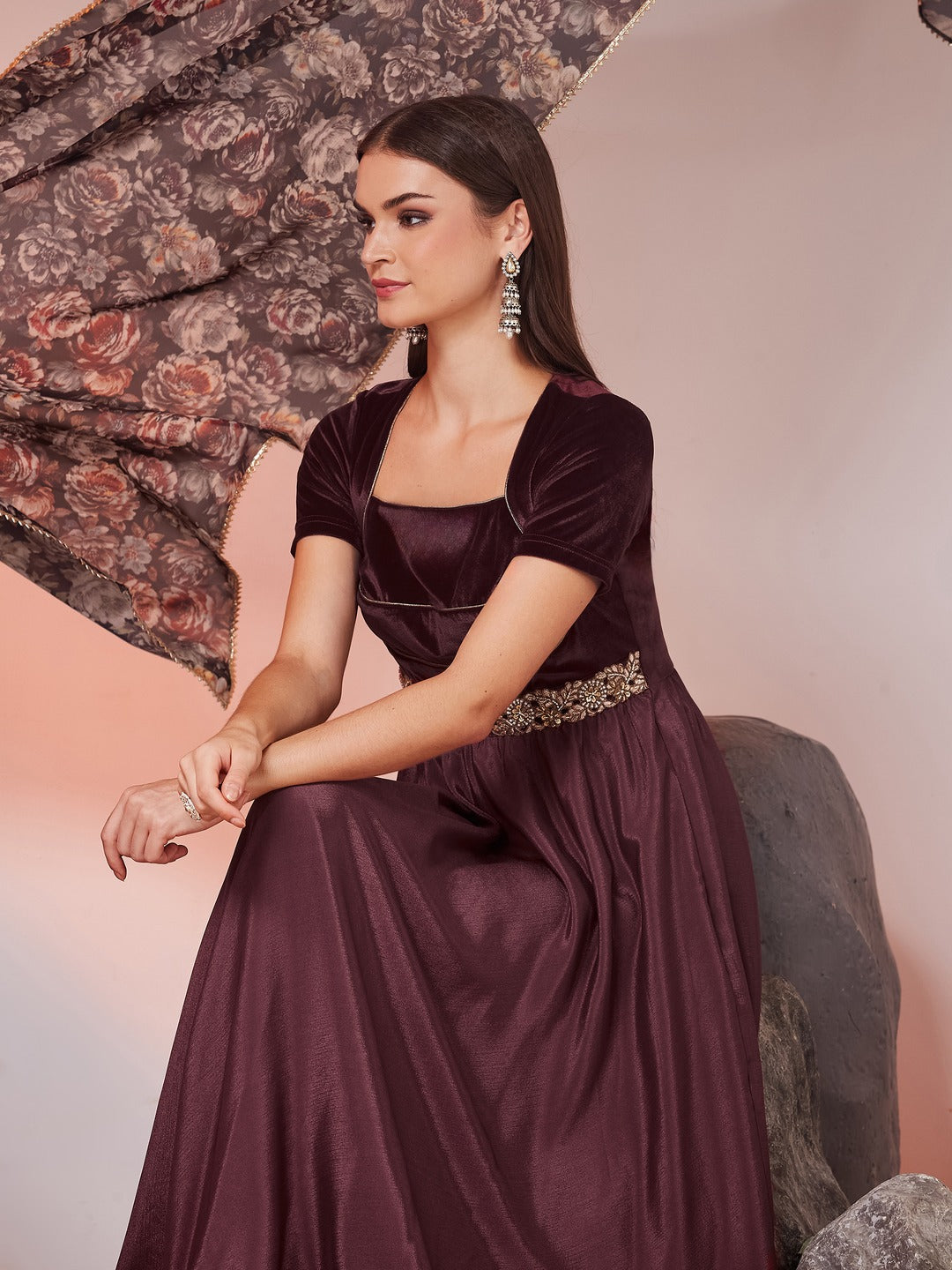 Dark Mauve Sweetheart Neck Half Sleeve Solid Fit & Flare Maxi Chiffon Ethnic Dress for Women