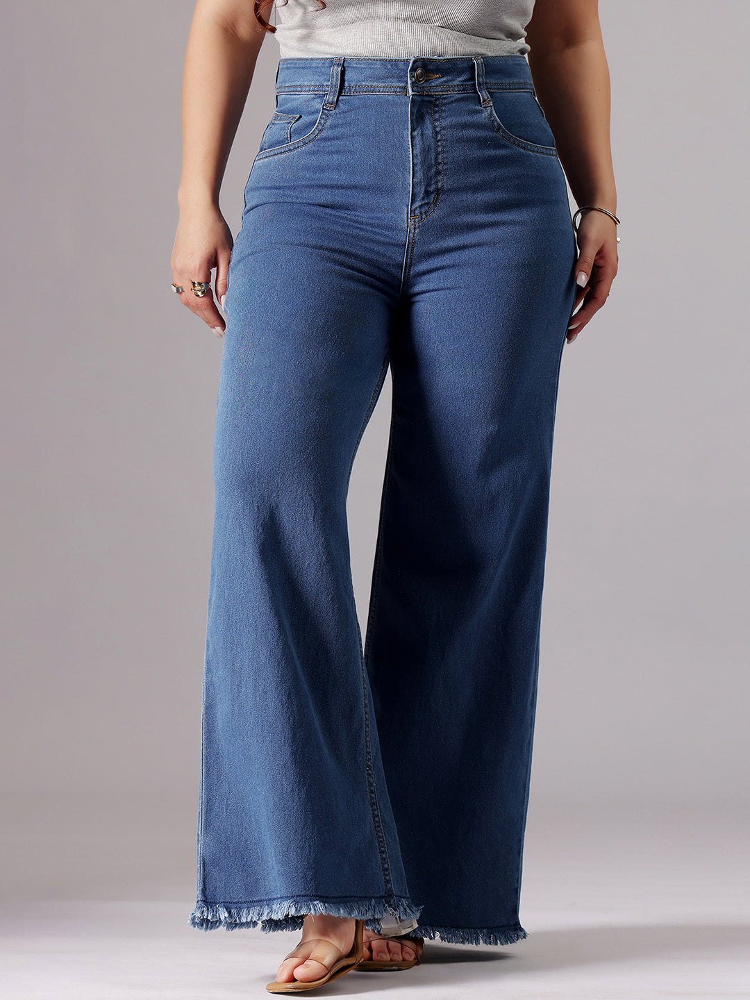 Mid-Blue Wide-Leg High-Rise Clean-Look Stretchable Denim Jeans for Women