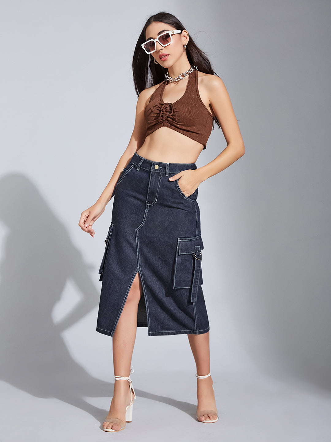 Women's Navy Blue Straight High-Rise Clean-Look Midi Denim Skirt