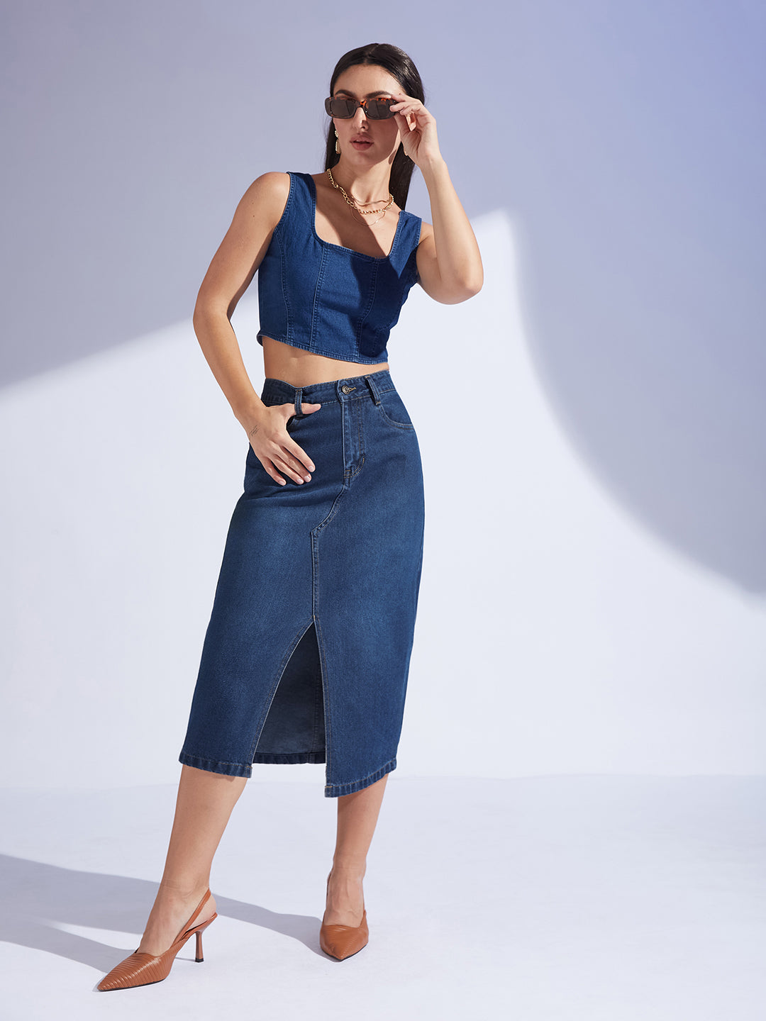 Women's Dark Blue A-Line High-Rise Clean-Look Non-stretchable Denim Midi Skirt