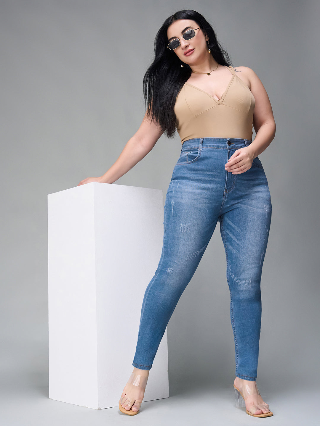 24/7 Comfort Blue Skinny High-Rise Mild Distress Stretchable Denim Jeans