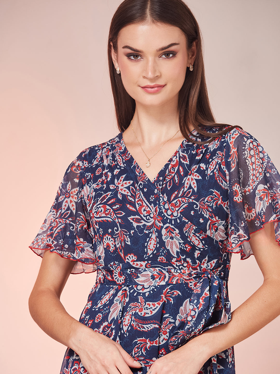 Navy Blue Floral Printed Flutter Sleeves Maxi Dress for Women