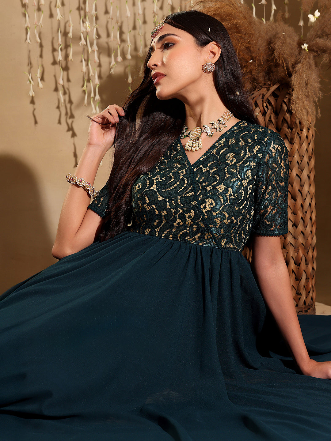 Women's Teal V-Neck Half Sleeve Self Designed Wrap Georgette Maxi Dress