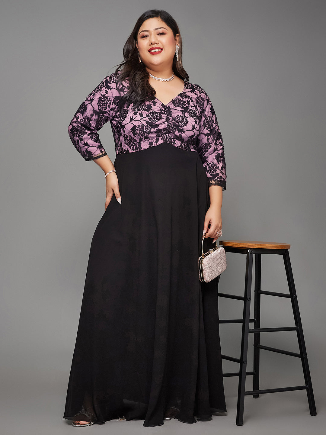 Black And Lavender Sweet heart neck 3/4 Sleeve Self Design Fit & Flare Maxi Dress for Women