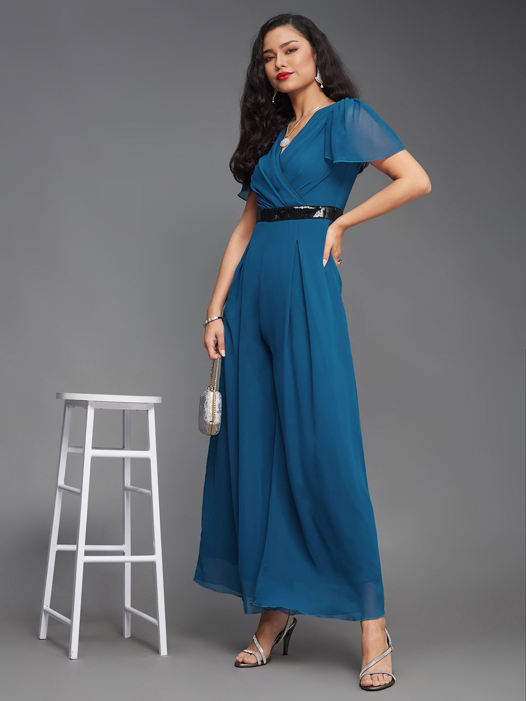 Women's Royal Blue Solid Relaxed Fit Short Sleeve V-Neck Ankle-Length Straight Jumpsuit