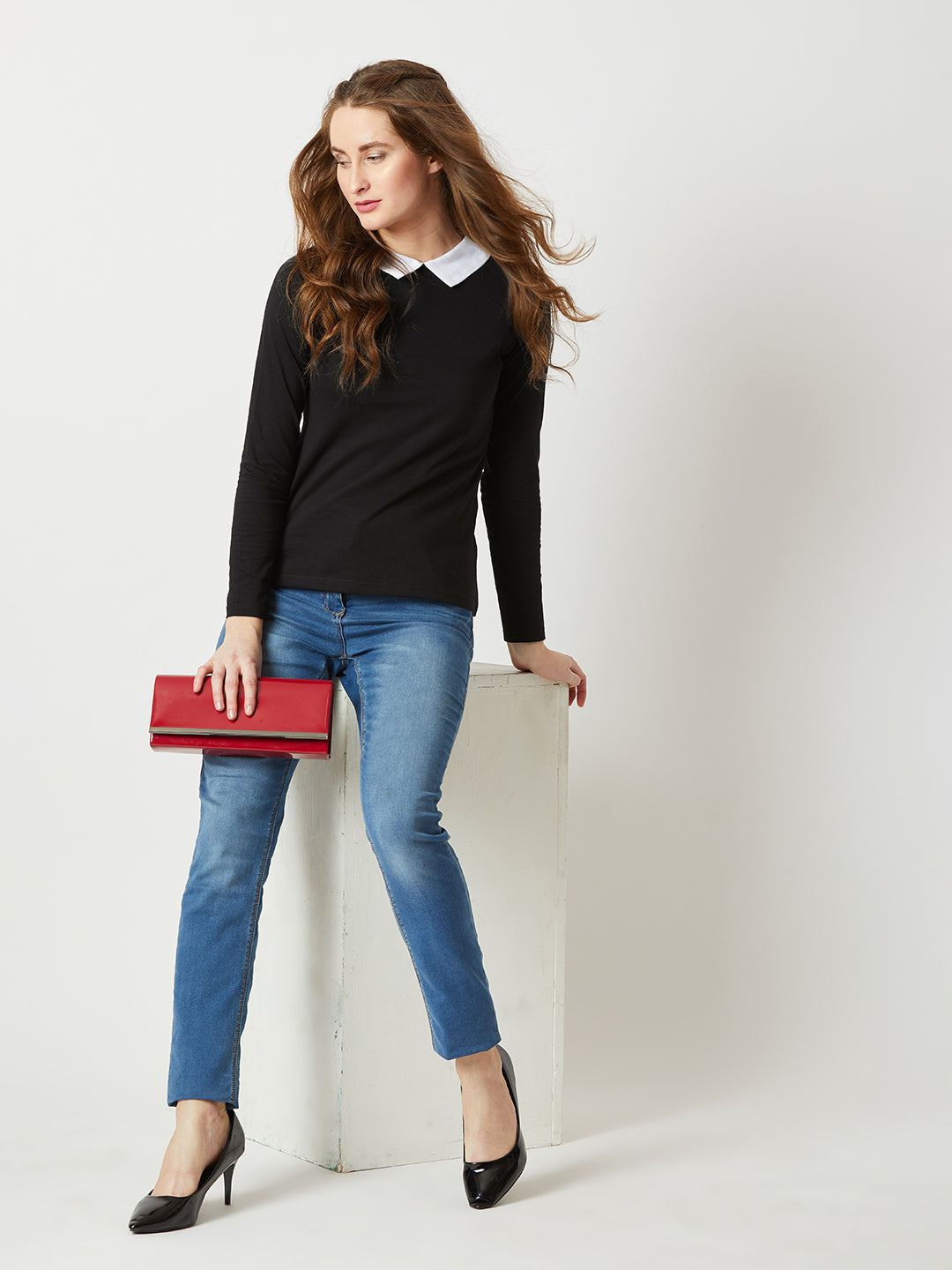 Women's Black Collared Round Neck Full Sleeve Cotton Solid Buttoned Top