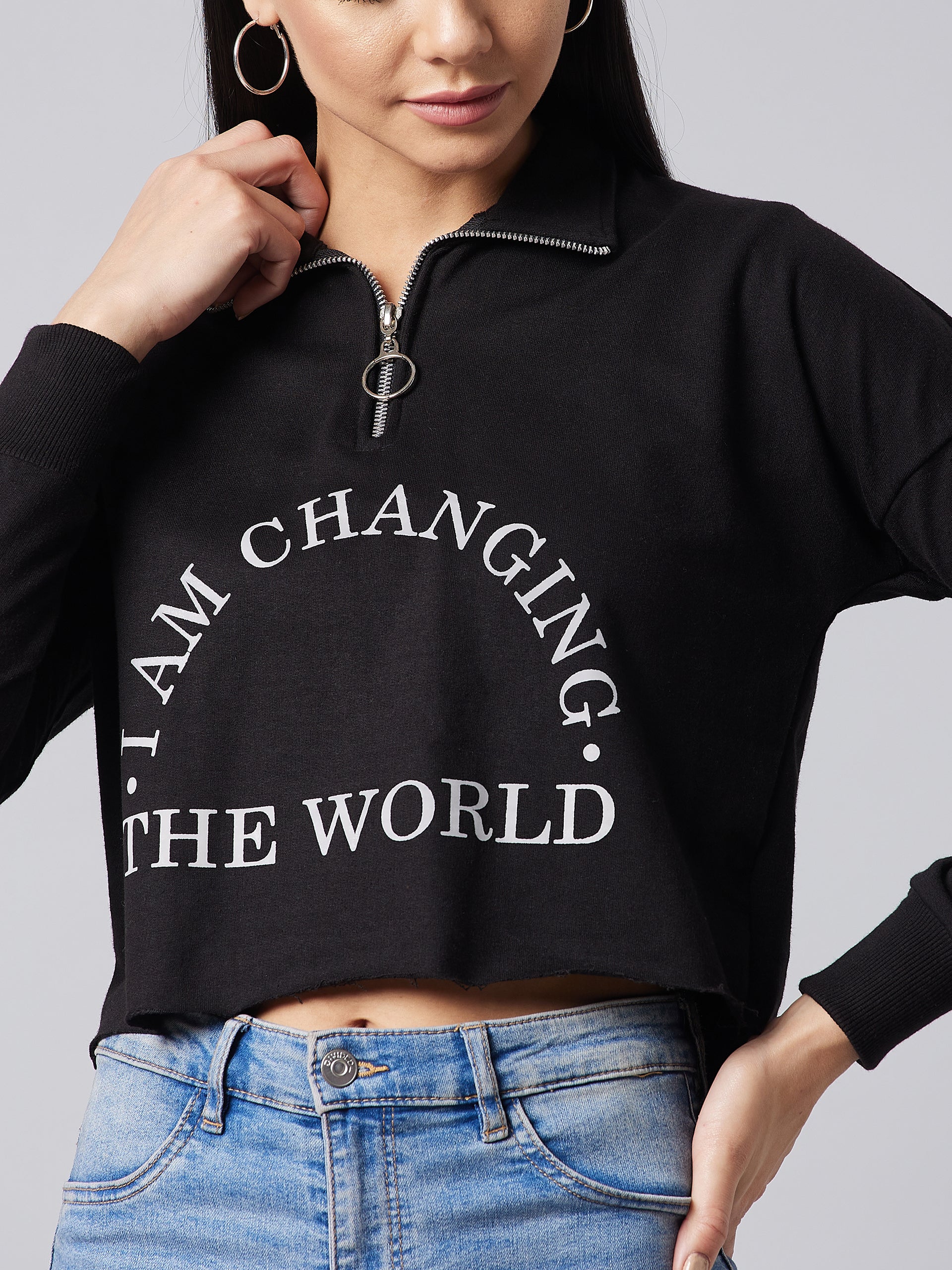 Women's Black Collared Full Sleeve Solid Boxy Crop Sweatshirt