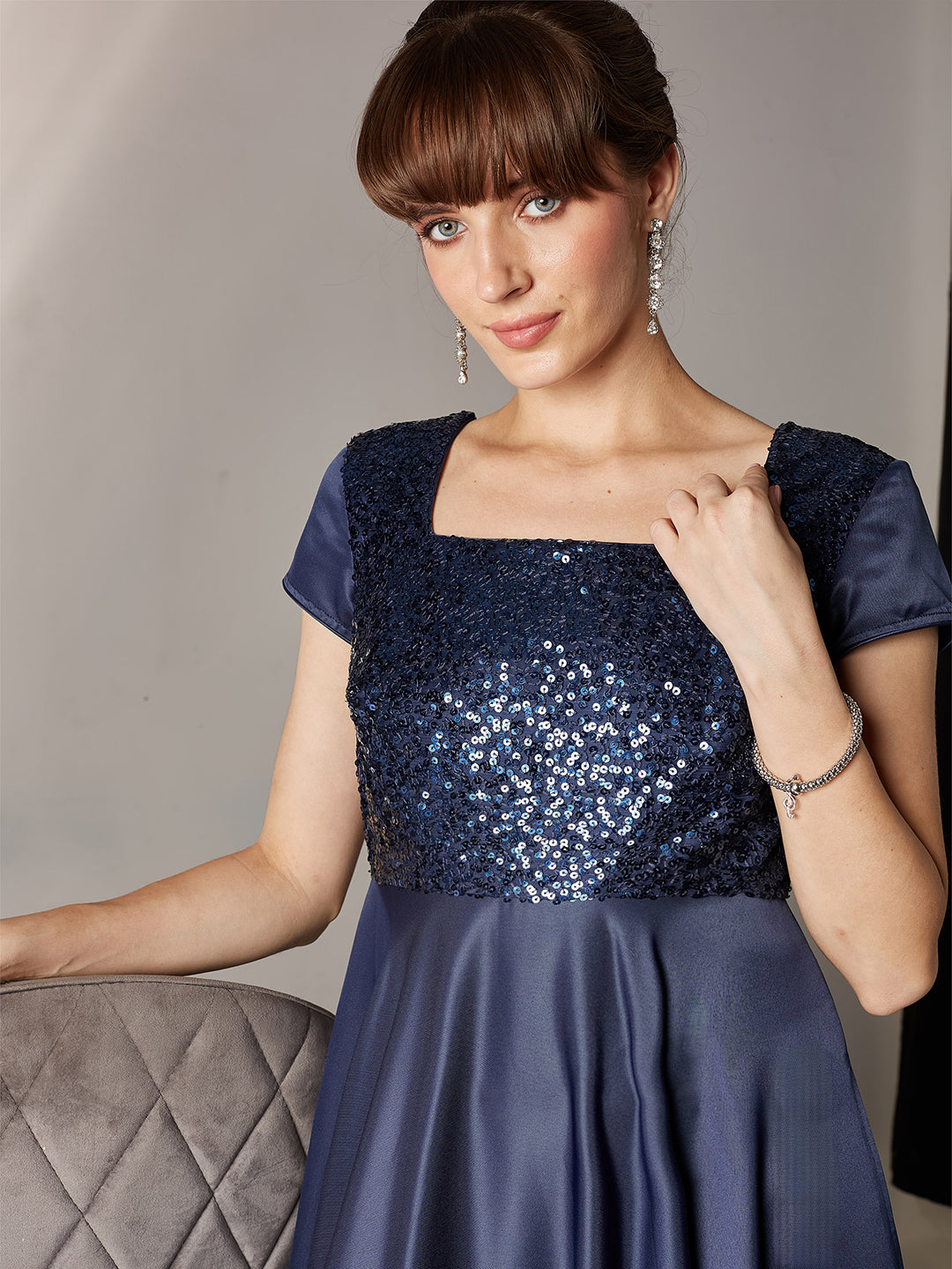 Women's Navy Blue Square Neck Short Sleeve Embellished Polyester Fit & Flare Maxi Dress