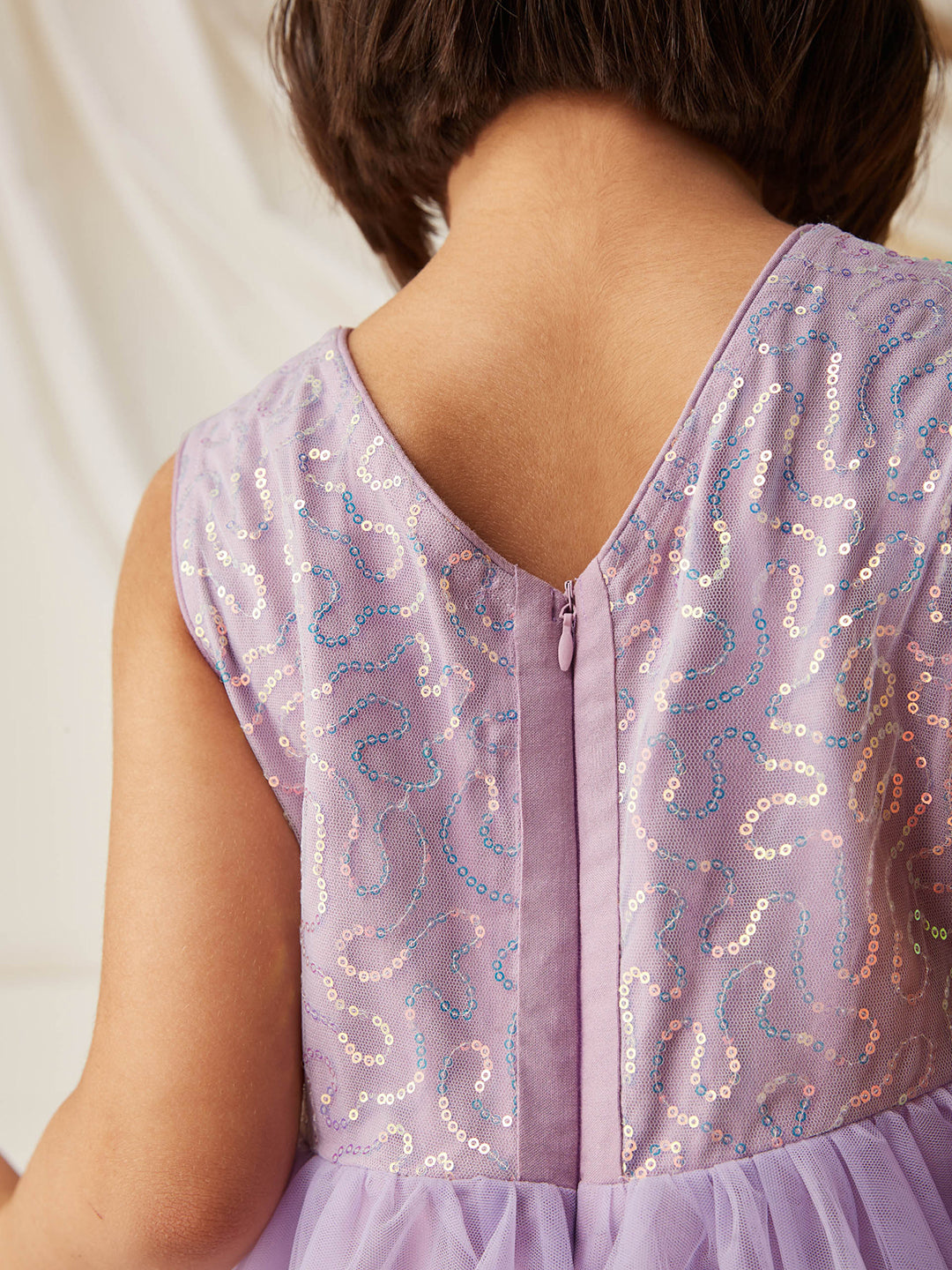 Lavender Round-Neck Sleeveless Embellished Fit & Flare Polyester Knee-Long Dress