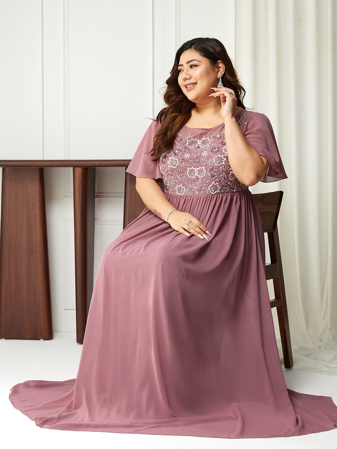 Dusty Lavender Flared Sleeves Fit and Flare Sequinned Maxi Dress Long Dress Frock for Women