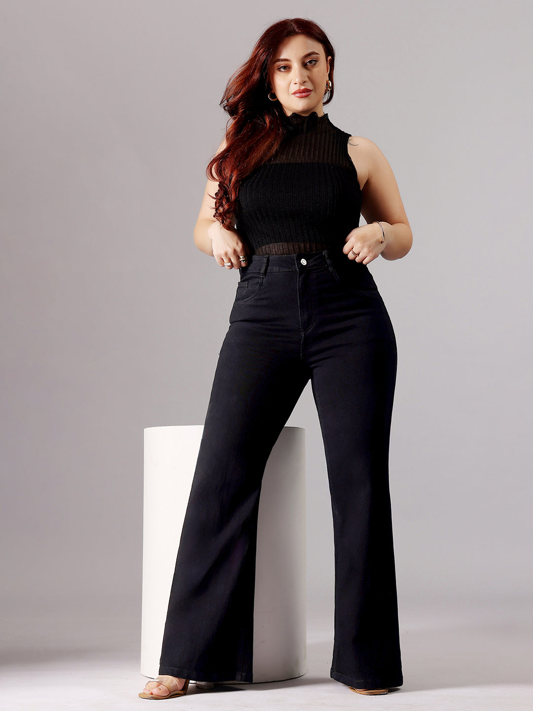 Women's Black Bootcut High-Rise Clean-Look Stretchable Denim Jeans