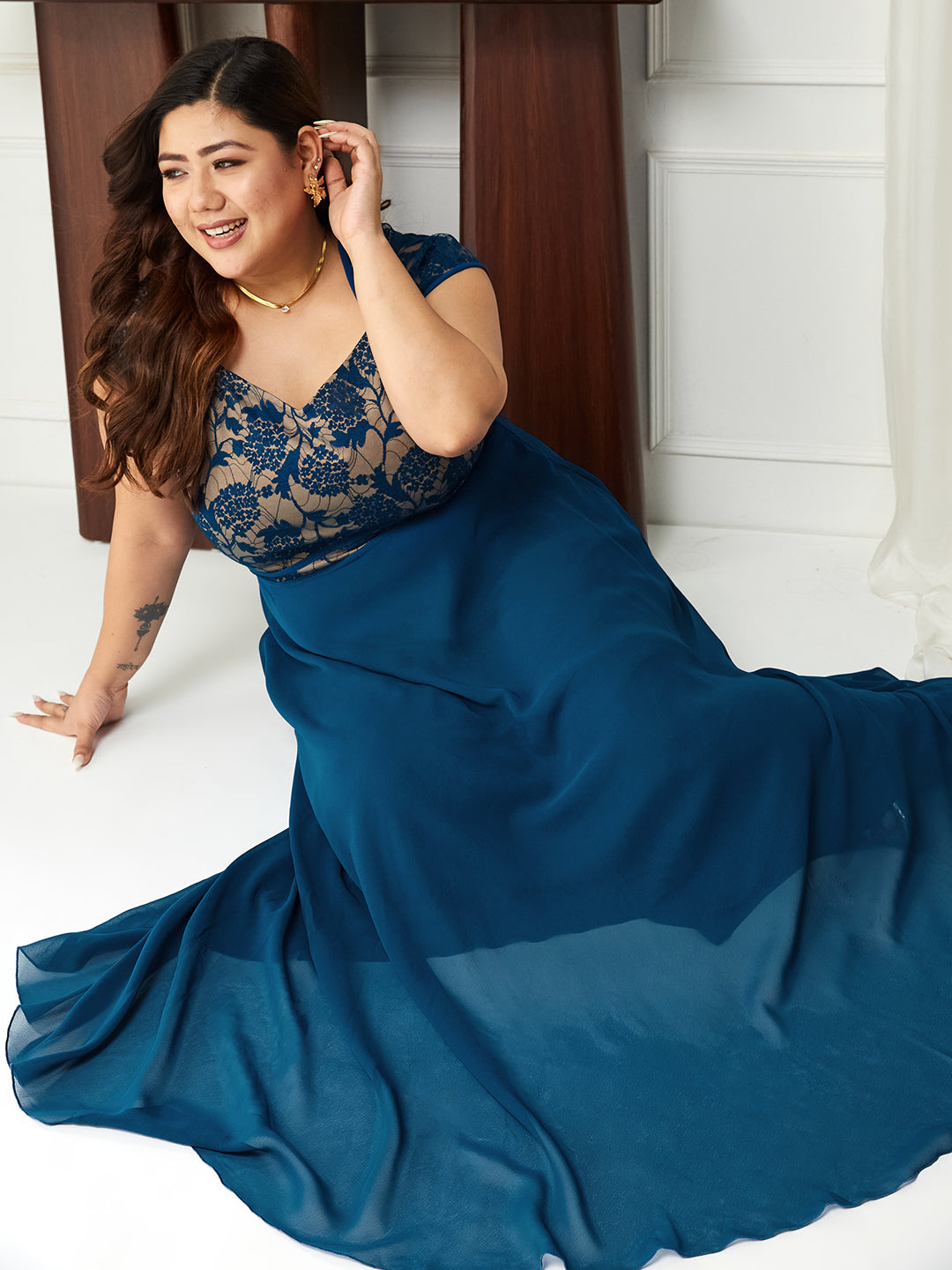 Royal Blue Floral Cap Sleeves Fit and Flare Lace Maxi Dress Gown for Women | Bridesmaids' Favourites