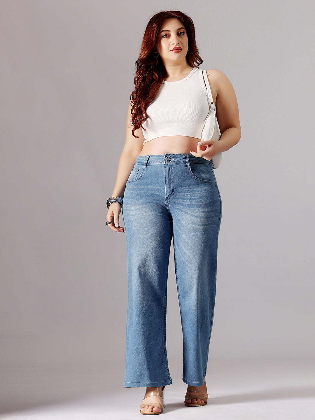 24/7 Comfort Light Blue Wide-Leg fit Mid-Rise Regular Length Stretchable Denim Jeans
