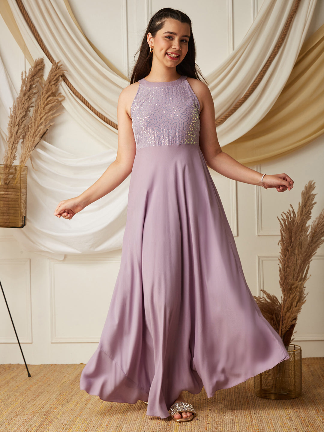 Lavender Halter-Neck Sleeveless Embellished Fit & Flare Viscose-Rayon Maxi Dress