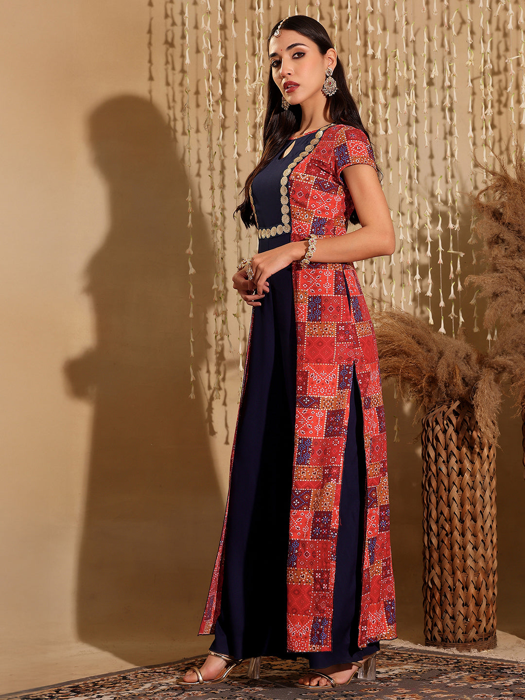 Women's Multicolored-Base-Navy Blue Keyhole-Neck Regular Sleeve Bohemian Paneled Viscose-Rayon Regular-Length Jumpsuit