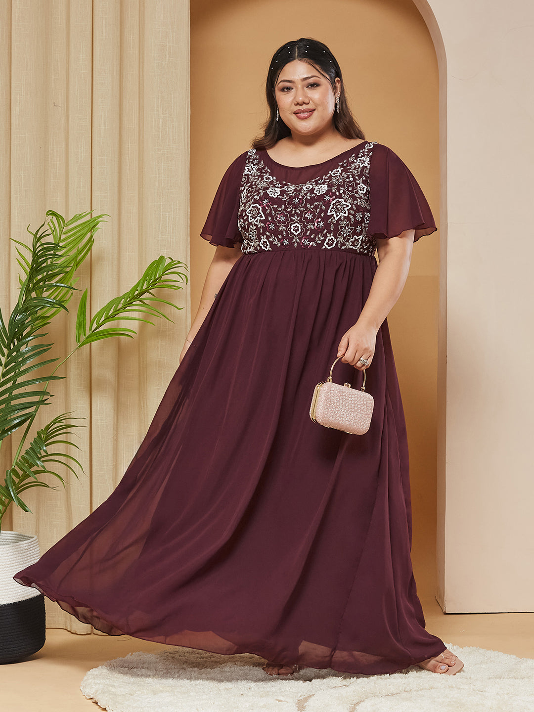 Wine Boat-Neck Half-Sleeves Solid Embellished Georgette Maxi Dress for Women