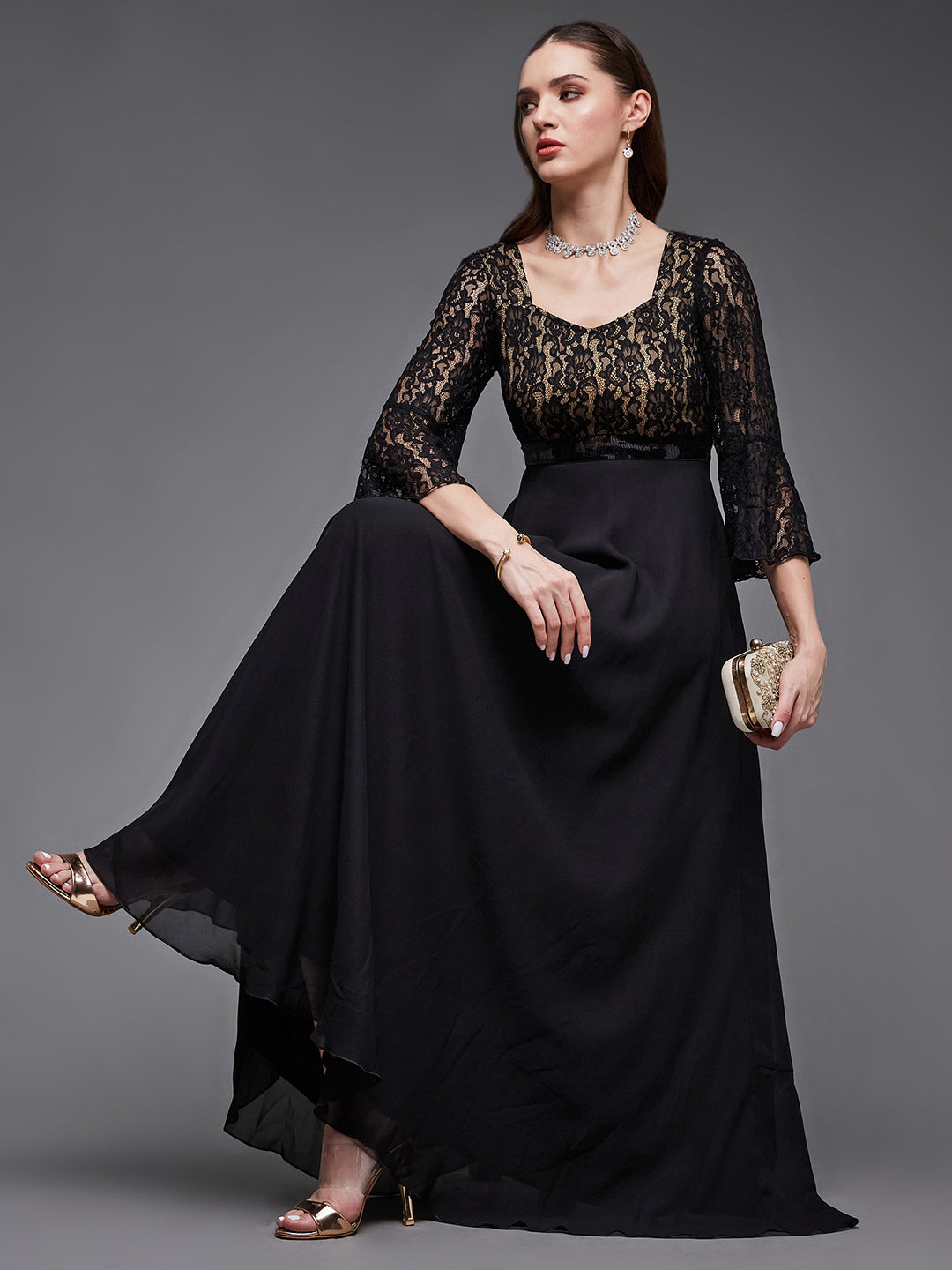 Women's Black Sweetheart-Neck Full Sleeve Floral Lace-Overlaid Georgette Maxi Dress