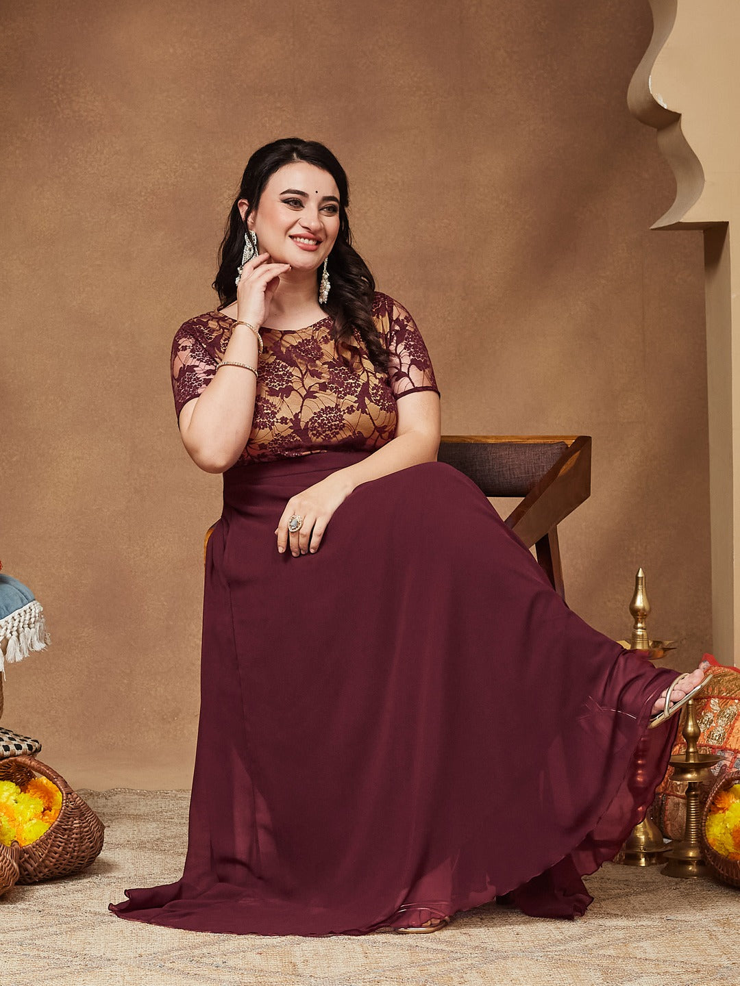 Wine & Beige Relaxed Fit Regular Georgette Dress for Women