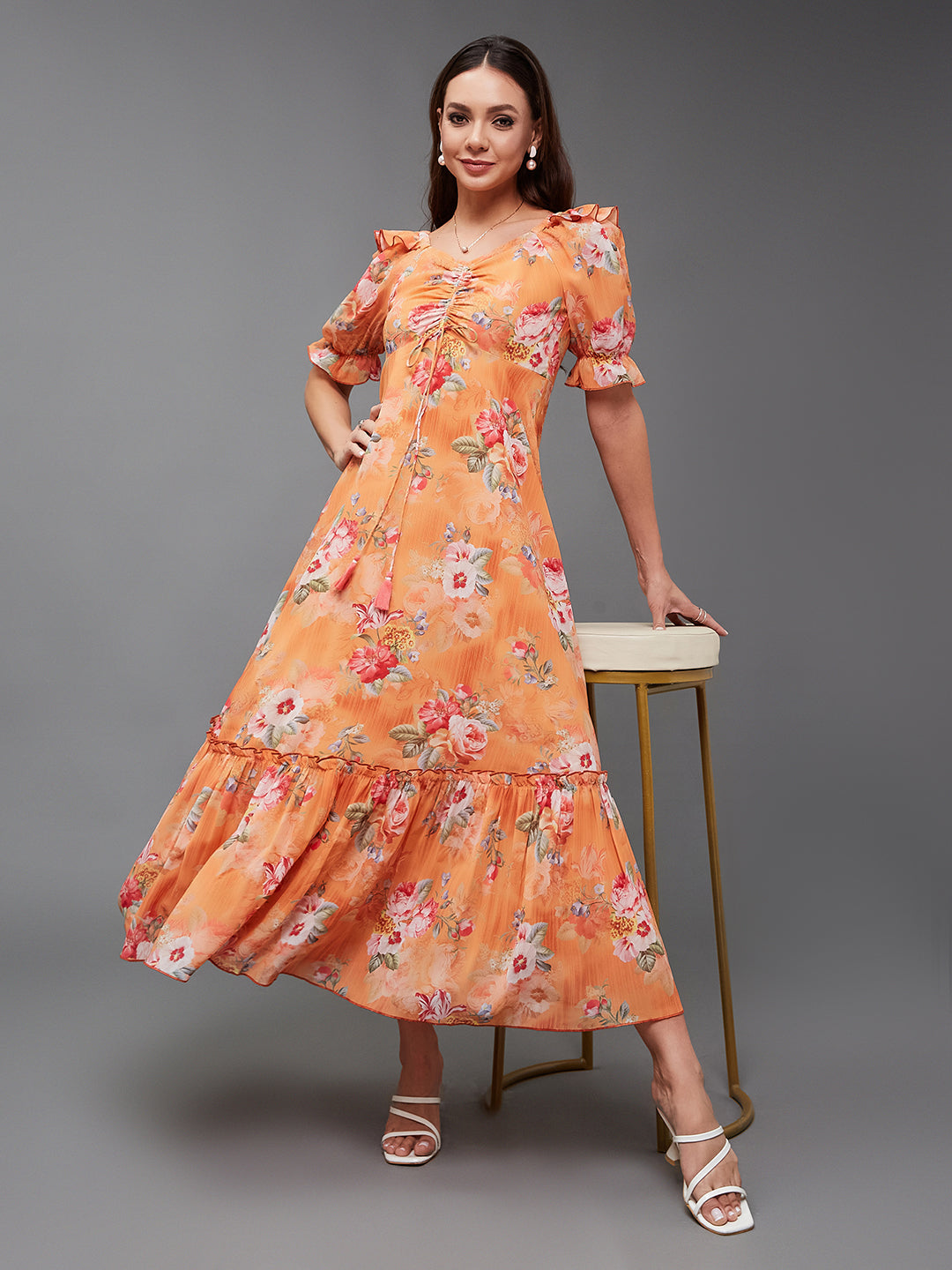 Women's Multicolored-Base-Orange V-Neck Puff Sleeve Floral Ruching Ankle-Length Dress