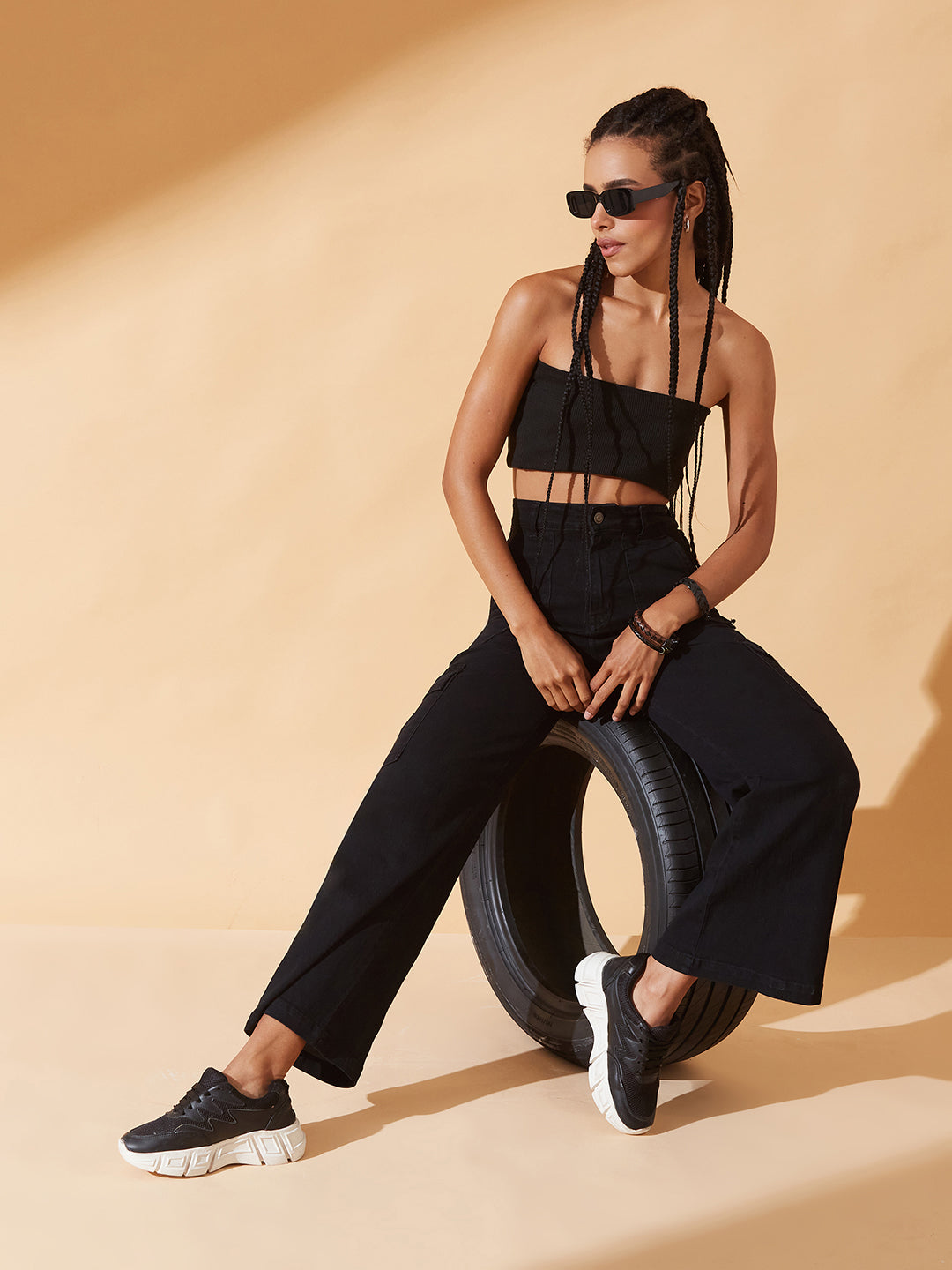 Black Wide-Leg High-Rise Regular Stretchable Denim Jeans for Women