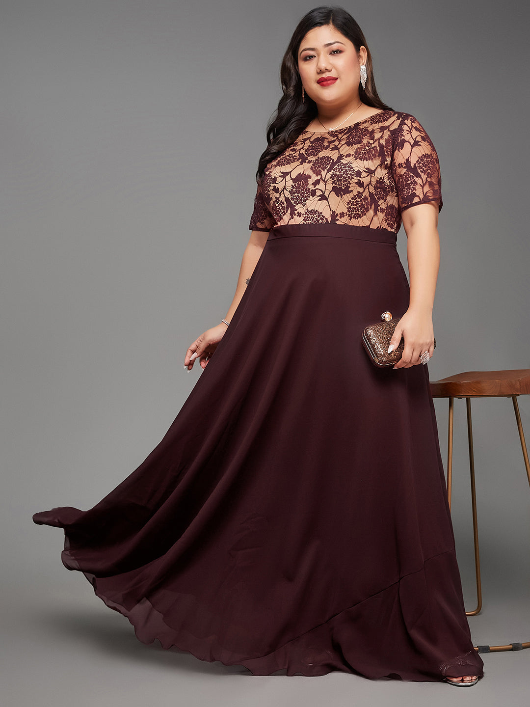 Body Bliss Wine & Beige Relaxed Fit Regular Georgette Dress