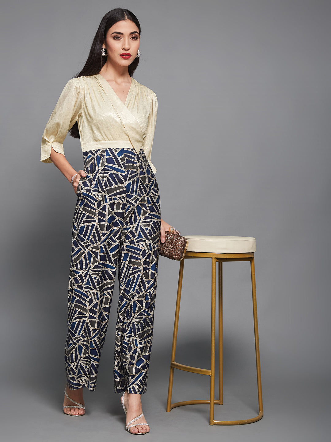 Cream Asymmetric Shawl-Collar 3/4 Sleeve Geometric Regular Jumpsuit for Women