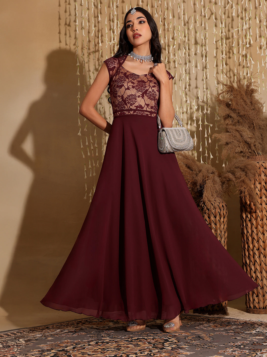 Women's Wine & Beige Floral V - Neck Cap Short Sleeves Lace Overlaid Fit & Flare Paneled Maxi Dress