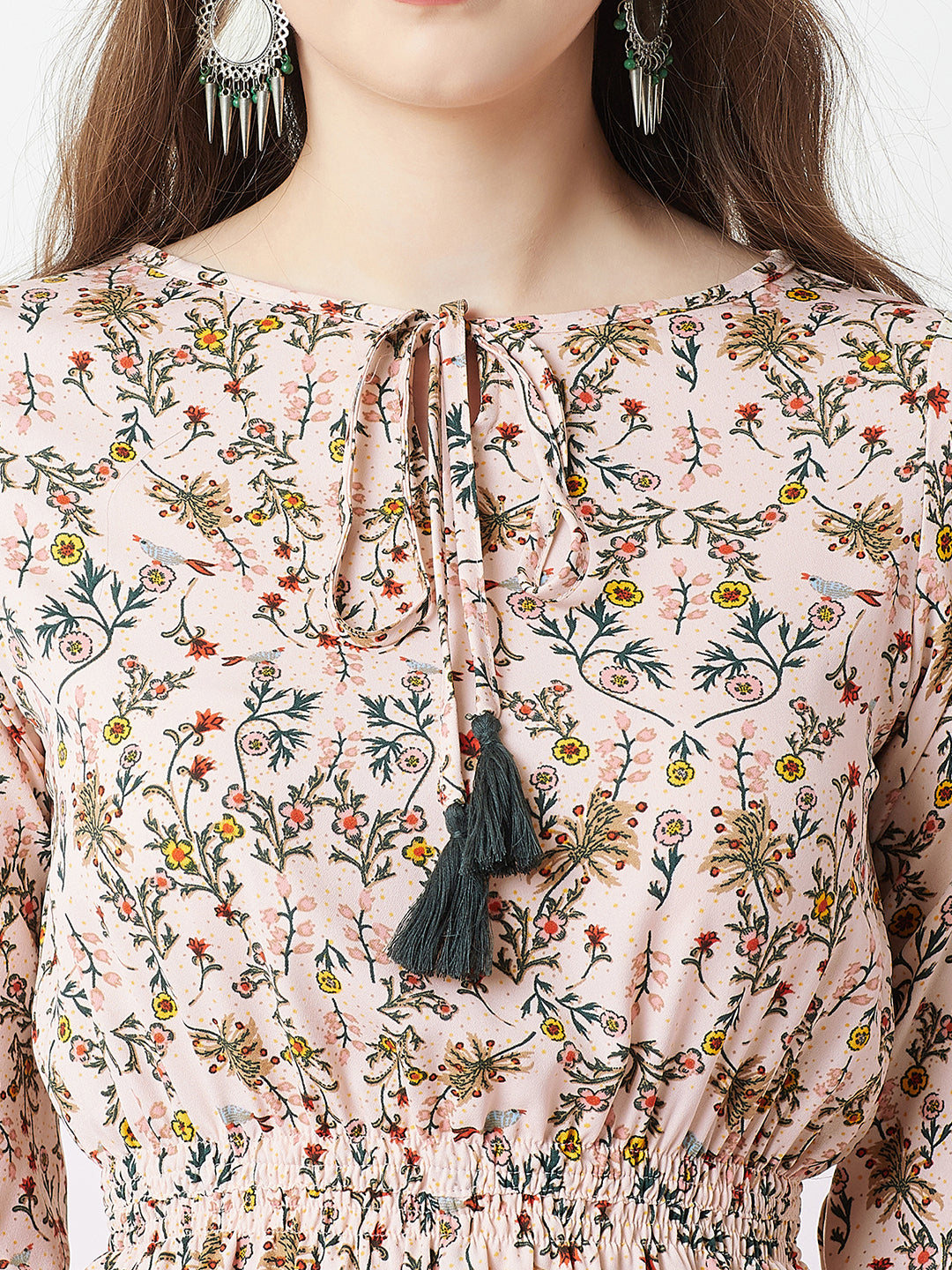 Peach Round Neck 3/4 Sleeve Floral Tie-Up Tassel Detailing Front Slit Maxi Top for Women